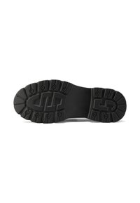 Sole di scarpa in gomma nera con un profondo motivo di battistrada e lugs rotondi, dotata di marchio impresso e bordi rinforzati per resistenza e trazione.
