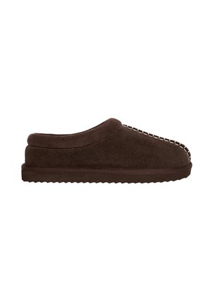 Dunkelbrauner Veloursleder-Pantoffel zum Hineinschlüpfen mit Kontrastnähten oben und einer profilierte Sohle für den Innenbereich.