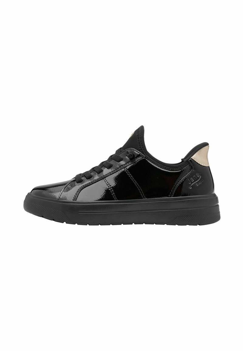 Black patent leather sneaker with a rounded toe, flat black sole, and black laces. Features a beige accent at the heel and branding.