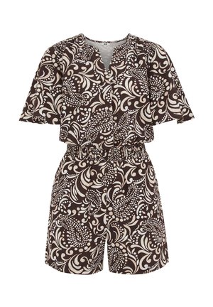 Ensemble deux pièces marron et beige à motif avec manches courtes, taille élastique et haut à col en V assorti à un short.