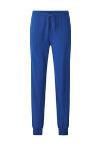 Blue jogger pants made of soft fabric, featuring an elastic waistband with a drawstring, tapered ankles, and a smooth texture.