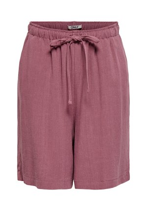 Mauve elastiske taljeshorts med strop i stof og frontlommer, lavet af let tekstureret materiale.