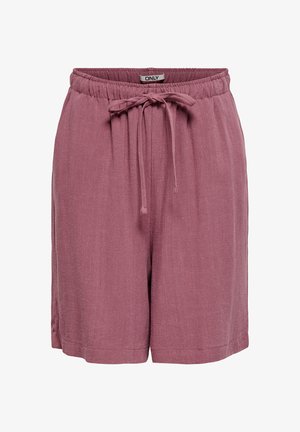 Spodenki z elastycznym pasem w kolorze mauve, z tkaną sznurówką i przednimi kieszeniami, wykonane z lekkiego, teksturowanego materiału.
