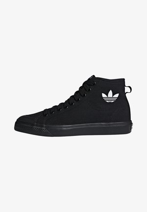 Black high-top sneaker with black laces, rubber sole, and white Adidas trefoil logo on the side.
