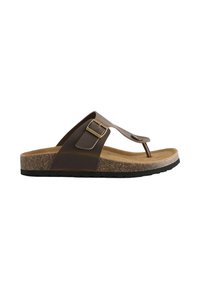 Brune flip-flop sandal med en bred rem, spænde detaljer, korksål og struktureret indersål. Letvægtsdesign med en sort gummisål.