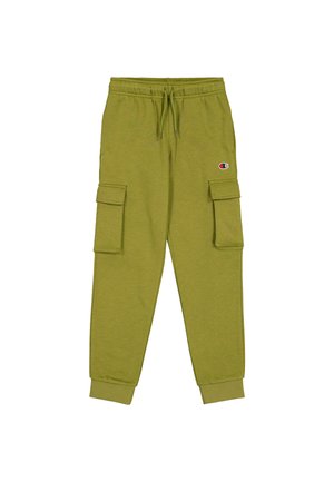 Olivgrüne Cargo-Hosen aus weichem Material mit zwei Seitentaschen, einem elastischen Bund mit Kordelzug und eng anliegenden Bündchen.