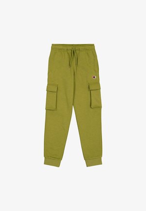 Olivgrüne Cargo-Hosen aus weichem Material mit zwei Seitentaschen, einem elastischen Bund mit Kordelzug und eng anliegenden Bündchen.