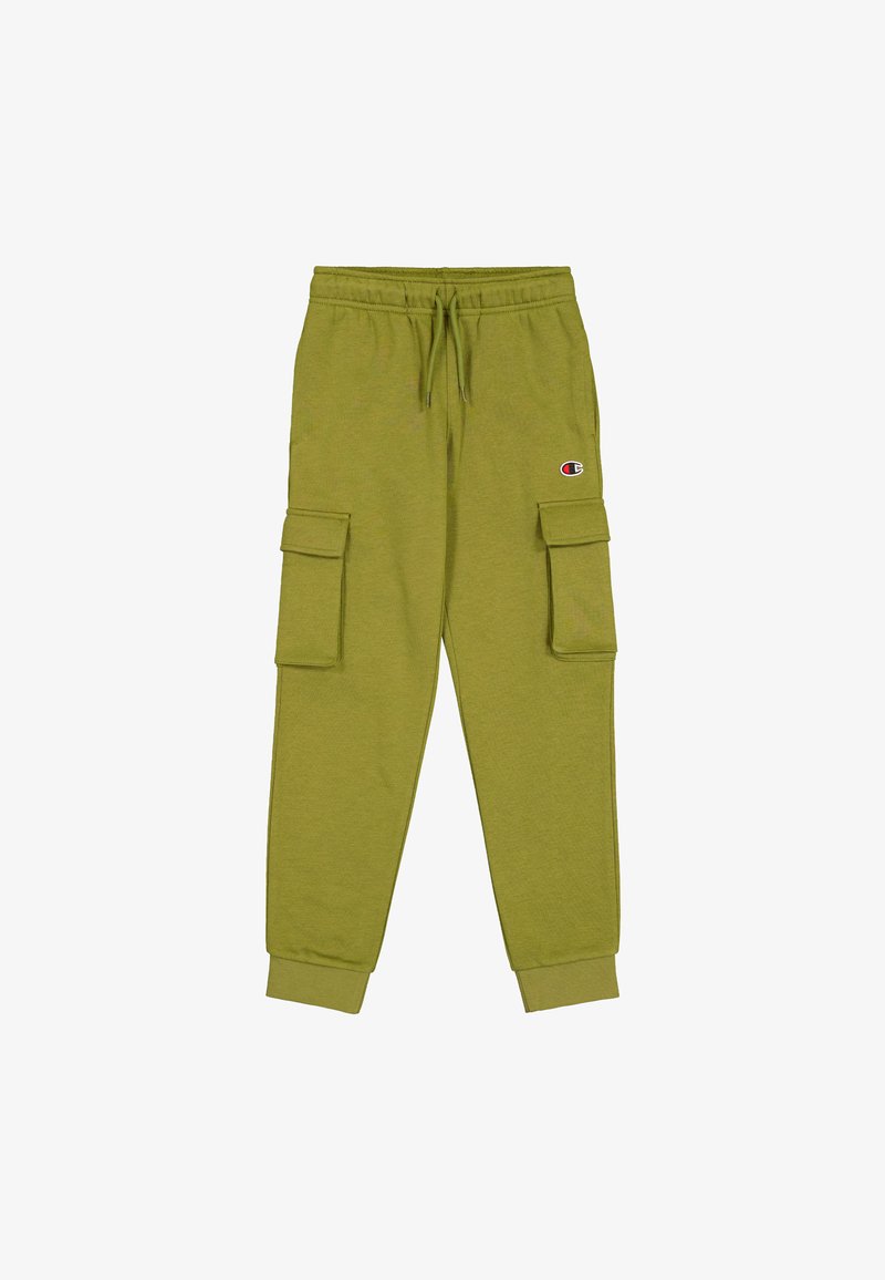 Olivgrüne Cargo-Hosen aus weichem Material mit zwei Seitentaschen, einem elastischen Bund mit Kordelzug und eng anliegenden Bündchen.