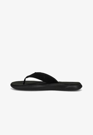 Schwarze Flip-Flops mit glatter Gummisohle, weichem Stoffriemen, minimalistischem Design und dezent geschwungener Form für Komfort.