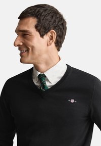 Schwarzer V-Ausschnitt-Pullover aus weichem Strickstoff, kombiniert mit einem weißen Hemd mit Kragen und einer grünen Krawatte mit dünnen gelben Streifen.