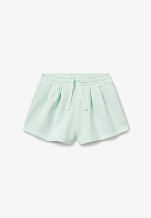 Pantaloni corti verde menta realizzati in materiale morbido, con una vita elasticizzata dotata di cordoncino e pieghe laterali per maggiore volume.