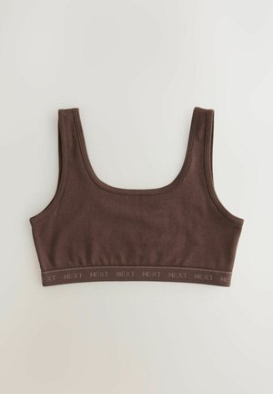 Smeđi pamučni bralet s širokim trakama, izrezom u obliku scoop-a i elastičnim pojasom s izmjeničnim tekstom "NEXT". Glatka tekstura, minimalistički dizajn.