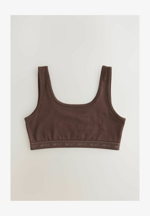 Bralet din bumbac maro cu bretele late, decolteu în formă de picătură și o bandă elastică cu text alternativ "NEXT". Textură netedă, design minimalist.