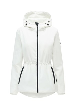 Weiße Kapuzenjacke mit schwarzem Reißverschluss und Taschenverzierung, elastischer Taille und verstellbaren Kordelzügen an der Kapuze.