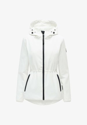 Weiße Kapuzenjacke mit schwarzem Reißverschluss und Taschenverzierung, elastischer Taille und verstellbaren Kordelzügen an der Kapuze.