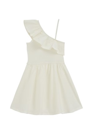 Robe blanche sans manches avec une bretelle volantée décalée sur une épaule et une fine bretelle, corsage ajusté et jupe évasée.
