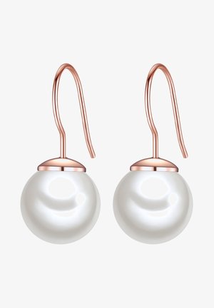 Øreringe i rosaguld med kroge, der har store, glansfulde hvide perler. Designet inkluderer en glat, afrundet form og elegante hardware-detaljer.