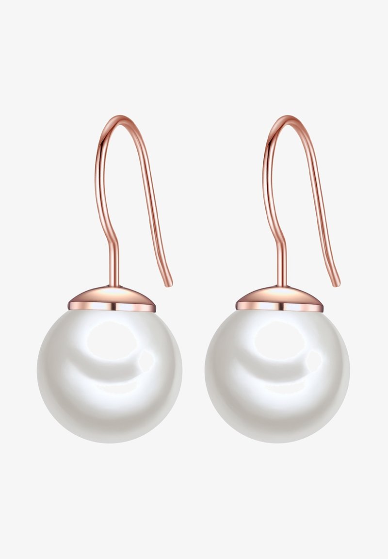 Rožių auksinės kabliukinės auskarai su didelėmis, blizgiomis baltomis perlai. Dizainas apima sklandžią, suapvalintą formą ir elegantiškus furnitūros akcentus.