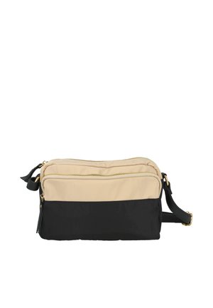 Bolso bandolera bicolor beige y negro con compartimentos dobles con cremallera y correa negra ajustable con herrajes dorados.