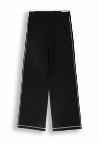 Czarne dresowe spodnie z szerokimi nogawkami, elastycznym pasem, sznurkiem do regulacji i bocznymi kieszeniami. Posiadają białe paski po bokach oraz miękką teksturę.