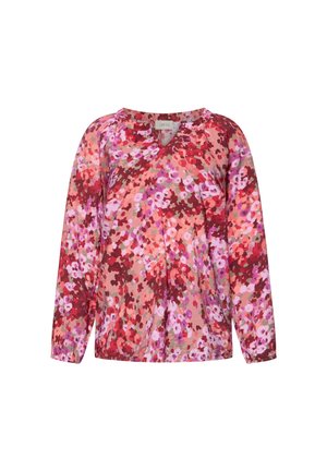 Langærmet bluse med blomsterprint i pink, rød og lilla samt en lille V-halskrave.