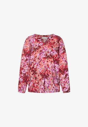 Blouse met lange mouwen en een bloemenpatroon in roze, rood en paars, met een klein V-halskraagje.