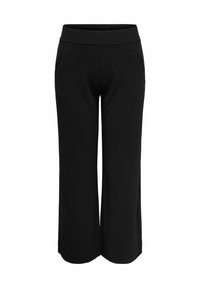 Schwarze weite Hosen mit einer weichen Textur, ausgestattet mit einem elastischen Bund und zwei Seitentaschen. Entworfen für Komfort und Bewegungsfreiheit.
