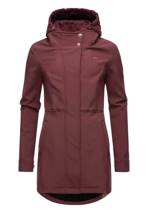 Burgundy long coat made of softshell material, featuring a quilted hood, snap buttons, side pockets, and a curved hem.