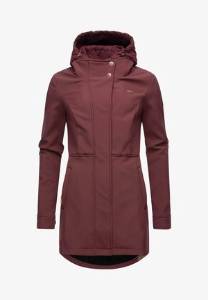 Burgundy long coat made of softshell material, featuring a quilted hood, snap buttons, side pockets, and a curved hem.