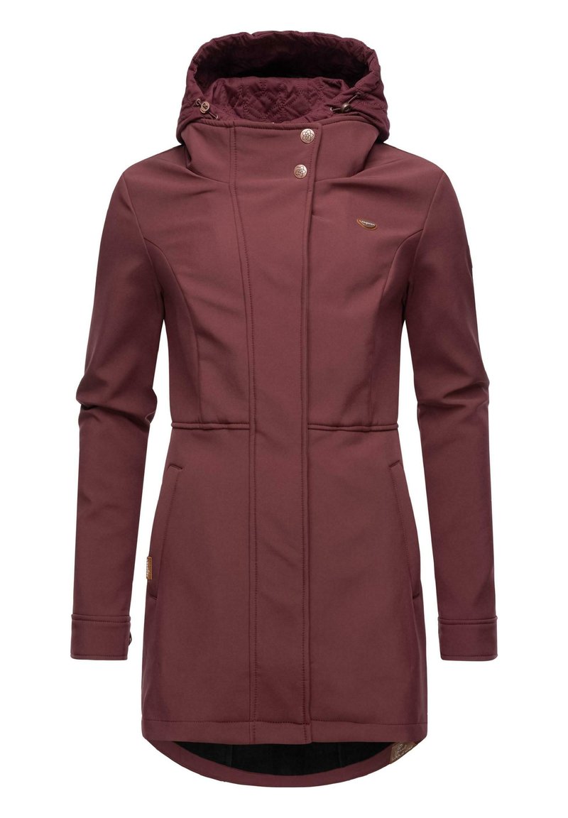 Burgundy long coat made of softshell material, featuring a quilted hood, snap buttons, side pockets, and a curved hem.