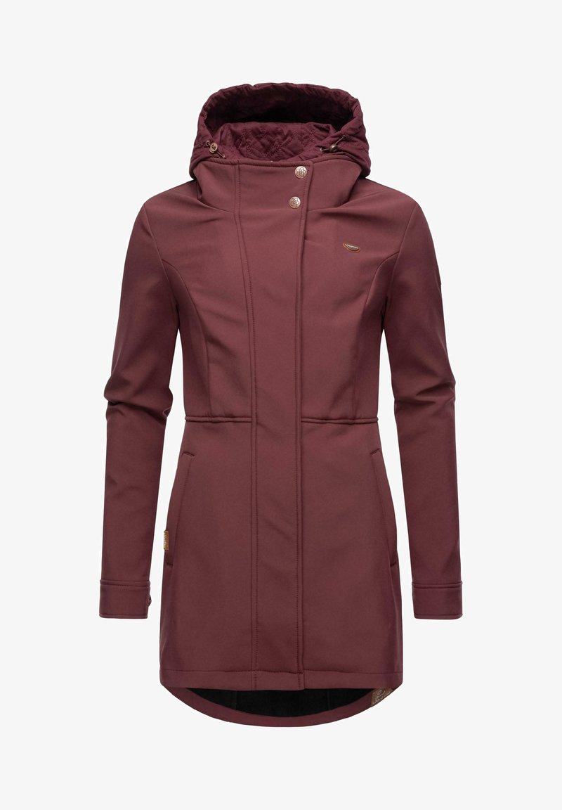 Burgundy long coat made of softshell material, featuring a quilted hood, snap buttons, side pockets, and a curved hem.