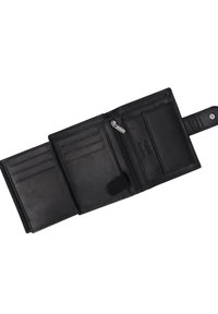 Black leather wallet opened flat, featuring card slots, a coin pocket with zipper, and a snap closure. Smooth texture with detailed stitching.