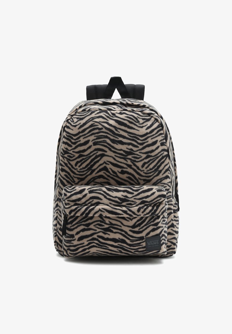 Sac à dos avec motif rayures de tigre noir et beige, poche avant zippée et bretelles rembourrées noires, logo Vans visible sur la poche avant.