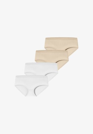 Vier nahtlose Damen-Hipster-Unterhosen in Beige und Weiß, angeordnet in zwei sich überlappenden Paaren auf einem schlichten weißen Hintergrund.