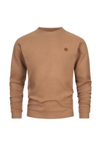 Suéter marrón de manga larga con acanalado, cuello redondo y un pequeño logo circular en el pecho. Textura suave y diseño ajustado.