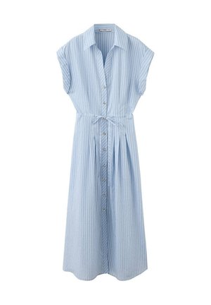 Robe midi bleu clair sans manches avec rayures blanches verticales, boutons sur le devant, col et ceinture à nouer à la taille.
