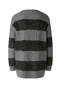 Pull en maille tricotée gris et noir à rayures, décoré d'un motif en câble et d'accents scintillants. Coupe décontractée, manches longues et ourlet côtelé.