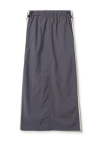 Grijze nylon maxi-rok met een elastische tailleband met trekkoord, verticale naden en contrasterende zijaccenten.