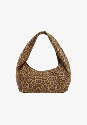 Leopardenmuster Schultertasche in braunen und goldenen Tönen, weicher Stoff, runde Form, großer Reißverschluss, und ein breiter, geschwungener Trageriemen.