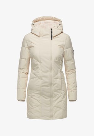 Dolga kremna puhovka s kapuco, sprednjim zadrgo zapiranjem in rebrastimi manšetami. Ponuja diagonalni prešiti vzorec in logotip na rokavu.