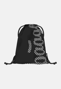 Zaino in corda nero con un design del testo a scacchi. Realizzato in tessuto resistente, ha una consistenza morbida e chiusure con cordini regolabili.