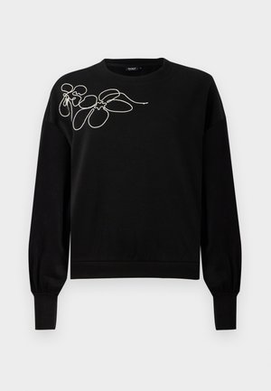 Crna dukserica dugih rukava, s bijelim cvjetnim vezom na lijevom ramenu, izrađena od meke mješavine pamuka s rebrastim manžetama.