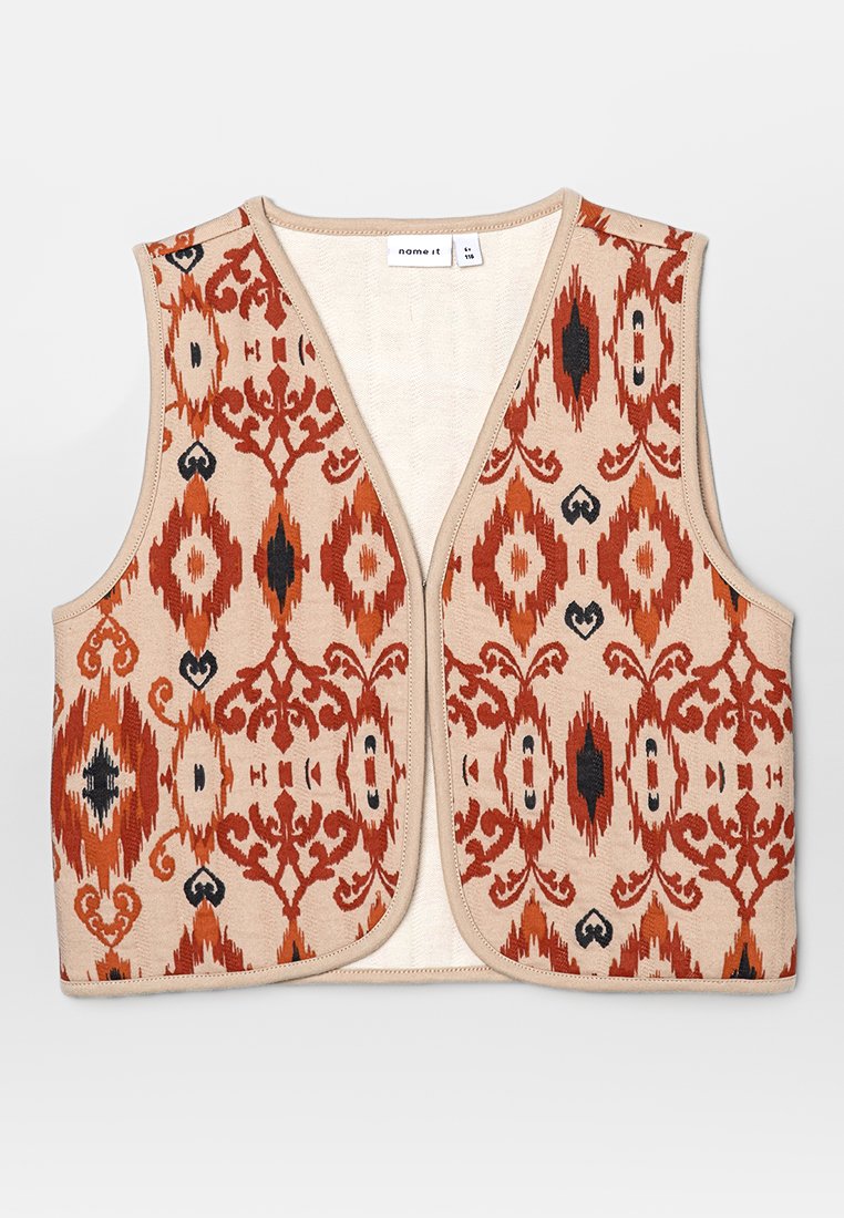Beige vest met ingewikkelde oranje en zwarte patronen, zachte textuur, open voorkant ontwerp en afgeronde halslijn.