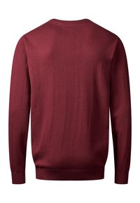 Ein schlichter burgunderfarbener Pullover mit langen Ärmeln, gerippten Bündchen, Saum und Rundhalsausschnitt, von hinten auf einem weißen Hintergrund gezeigt.