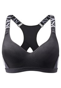 Sujetador deportivo negro con un diseño de malla texturizada y forma redondeada, con tirantes anchos y accesorios ajustables para mayor soporte.