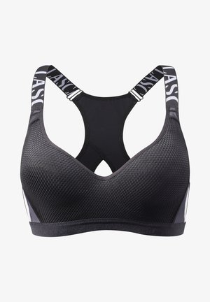 Juoda sportinė liemenėlė su tekstūruotu tinklo dizainu ir apvalia forma, turinti plačius dirželius ir reguliuojamus elementus palaikymui.