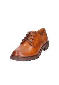 Braune Leder Schnürschuhe mit runder Zehenform, detaillierter Naht, einer kontrastierenden Gummisohle und einer strukturierten Oberfläche.