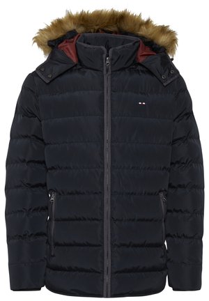 Kurtka puchowa w ciemnym granacie, z kapturem wykończonym futrem, zamek błyskawiczny, boczne kieszenie oraz pikowany design dla lepszej izolacji.