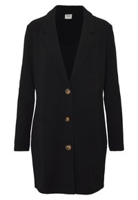 Černý blazer s klopovým límcem, vybavený třemi velkými hnědými knoflíky a dvěma předními kapsami. Vyroben z měkké, texturované látky.