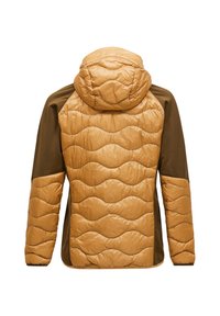 Padded jacket featuring a honeycomb quilted design in tan, with brown sleeves and sides, and a hood. Smooth texture with a warm appearance.